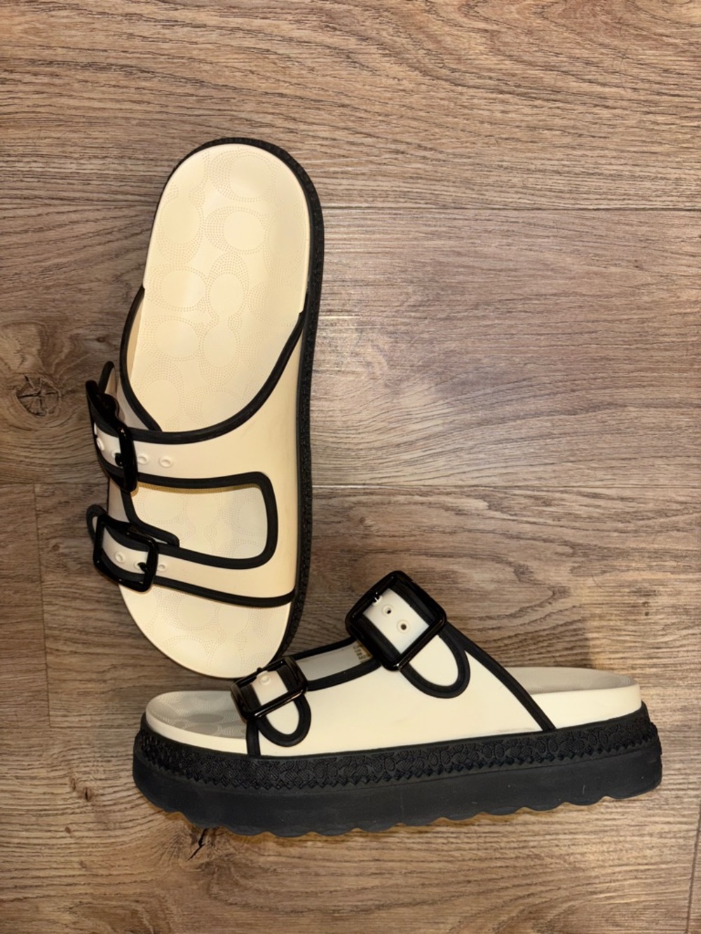 Coach Cream and Black Double Buckle Slide Sandals - Women